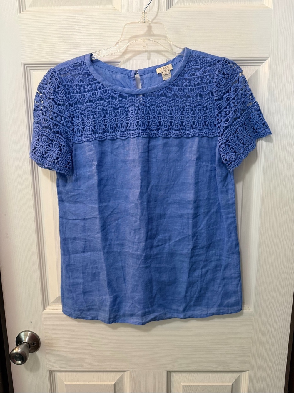 J.Crew Blue 100% Linen Crochet Lace Short Sleeve Blouse Top Size 00 - Picture 2 of 8